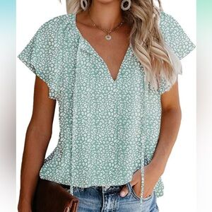 Casual Floral Print V Neck Ruffle Short Sleeve Summer Shirts Tops Loose Blouse